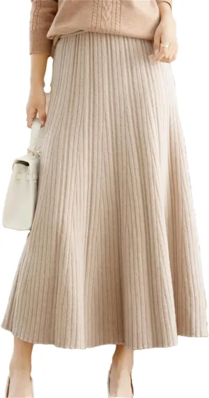 Women Wool Pleated Long Skirt Office Lady Skirt Office Lady Solid Regulai Fit Sweater Midi Skirts
