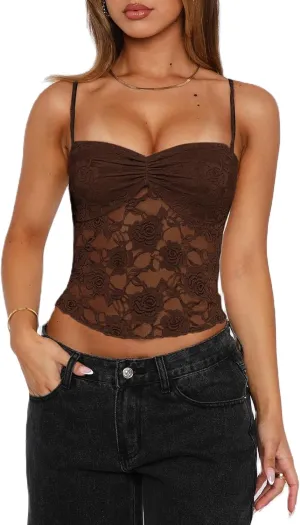 Women Y2k Sheer Lace Camisole Tops Spaghetti Strap See Through Sleeveless Going Out Tank Tops Sheer Mesh T Shirts