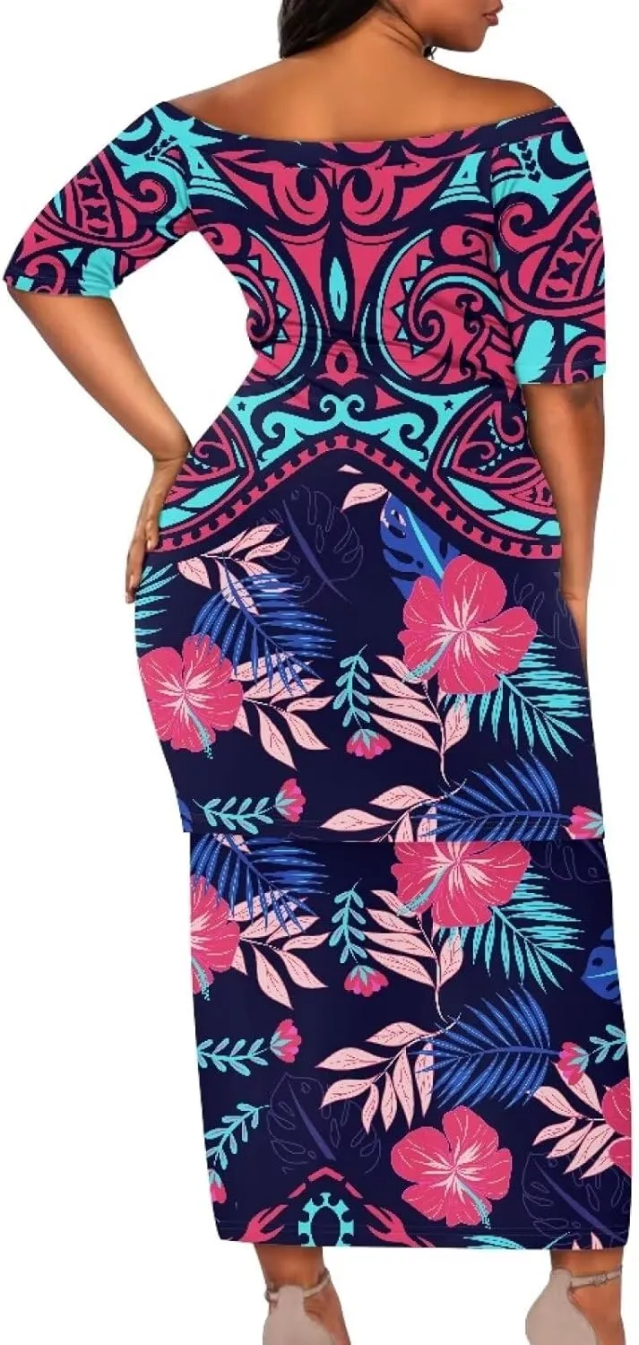 Womens 2 Piece Outfit Skirt Sets Polynesian Puletasi Samoan Off Shoulder Half Sleeve T-Shirts Long Maxi Dresses