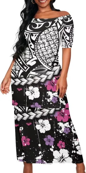 Womens 2 Piece Outfit Skirt Sets Polynesian Puletasi Samoan Off Shoulder Half Sleeve T-Shirts Long Maxi Dresses