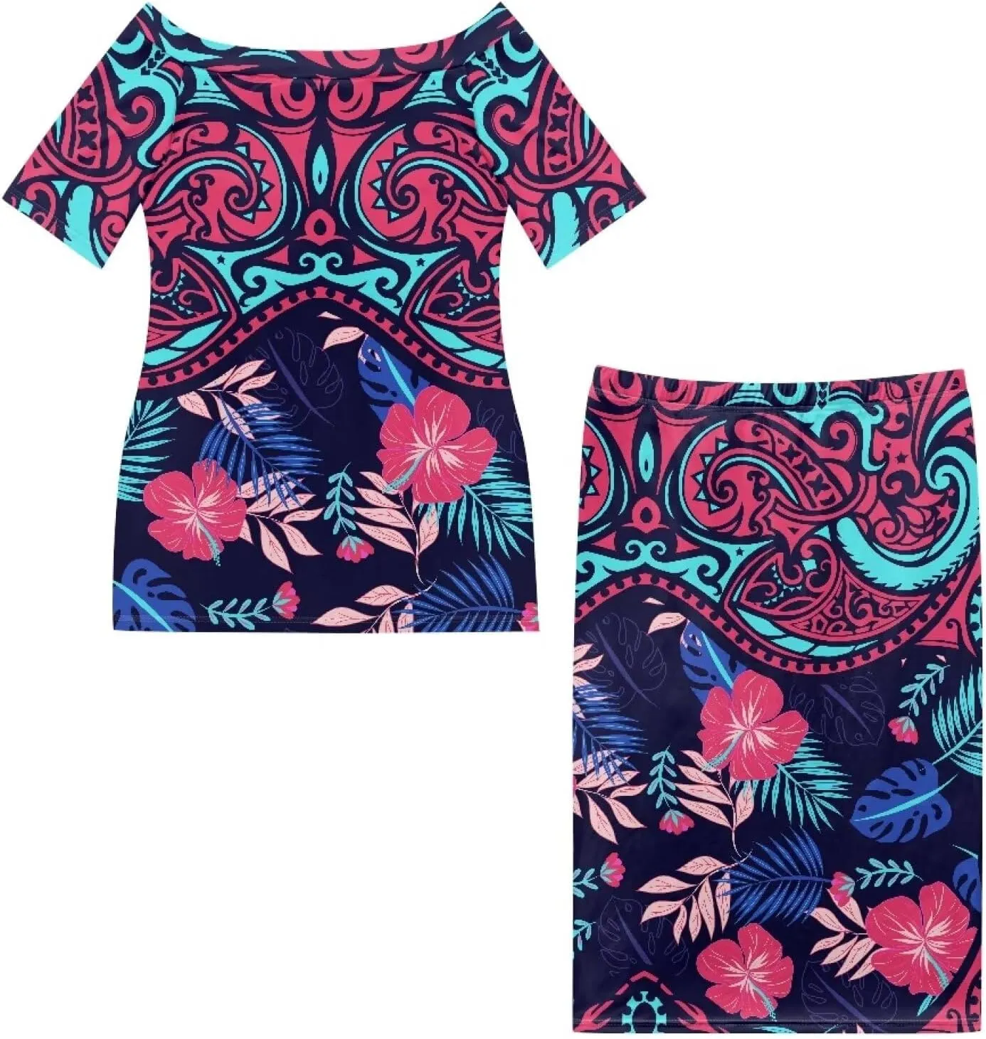 Womens 2 Piece Outfit Skirt Sets Polynesian Puletasi Samoan Off Shoulder Half Sleeve T-Shirts Long Maxi Dresses