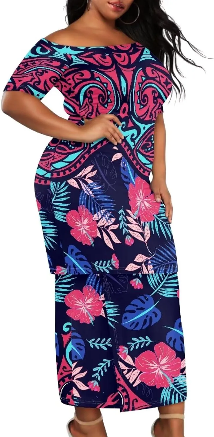 Womens 2 Piece Outfit Skirt Sets Polynesian Puletasi Samoan Off Shoulder Half Sleeve T-Shirts Long Maxi Dresses