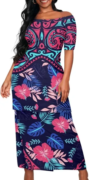 Womens 2 Piece Outfit Skirt Sets Polynesian Puletasi Samoan Off Shoulder Half Sleeve T-Shirts Long Maxi Dresses