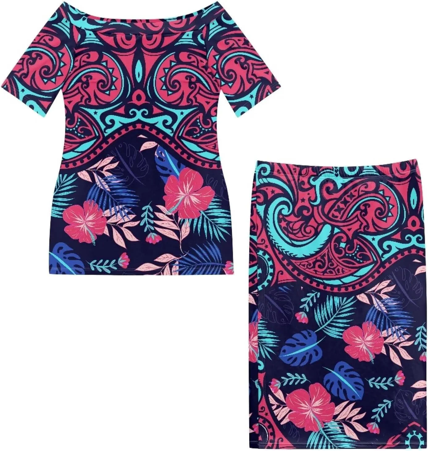 Womens 2 Piece Outfit Skirt Sets Polynesian Puletasi Samoan Off Shoulder Half Sleeve T-Shirts Long Maxi Dresses