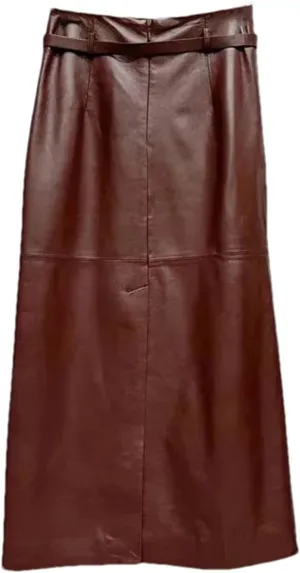 Women's Ankle Long Leather Skirt Waist Belt Genuine Leather Back Split Straight Bodycon Midi Skirt