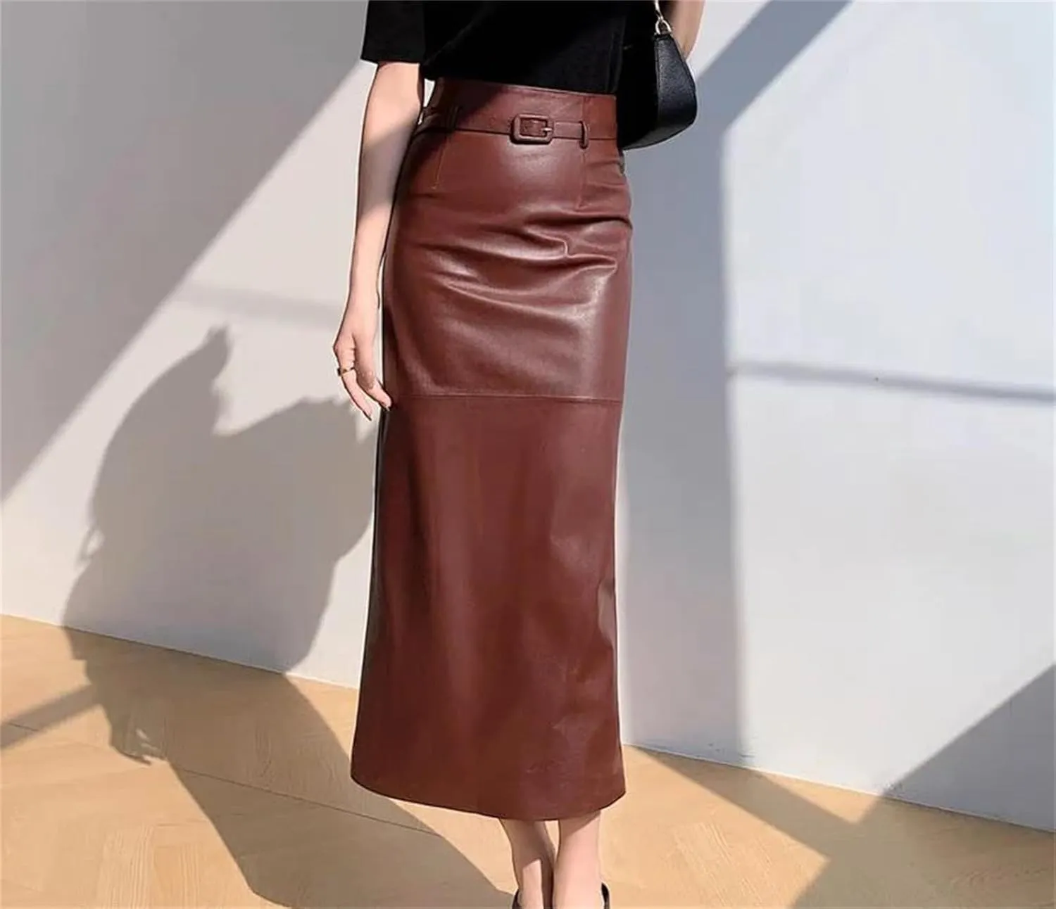 Women's Ankle Long Leather Skirt Waist Belt Genuine Leather Back Split Straight Bodycon Midi Skirt