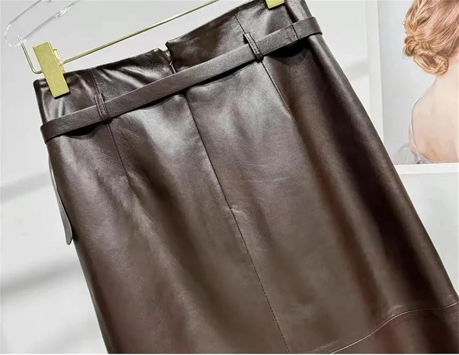 Women's Ankle Long Leather Skirt Waist Belt Genuine Leather Back Split Straight Bodycon Midi Skirt