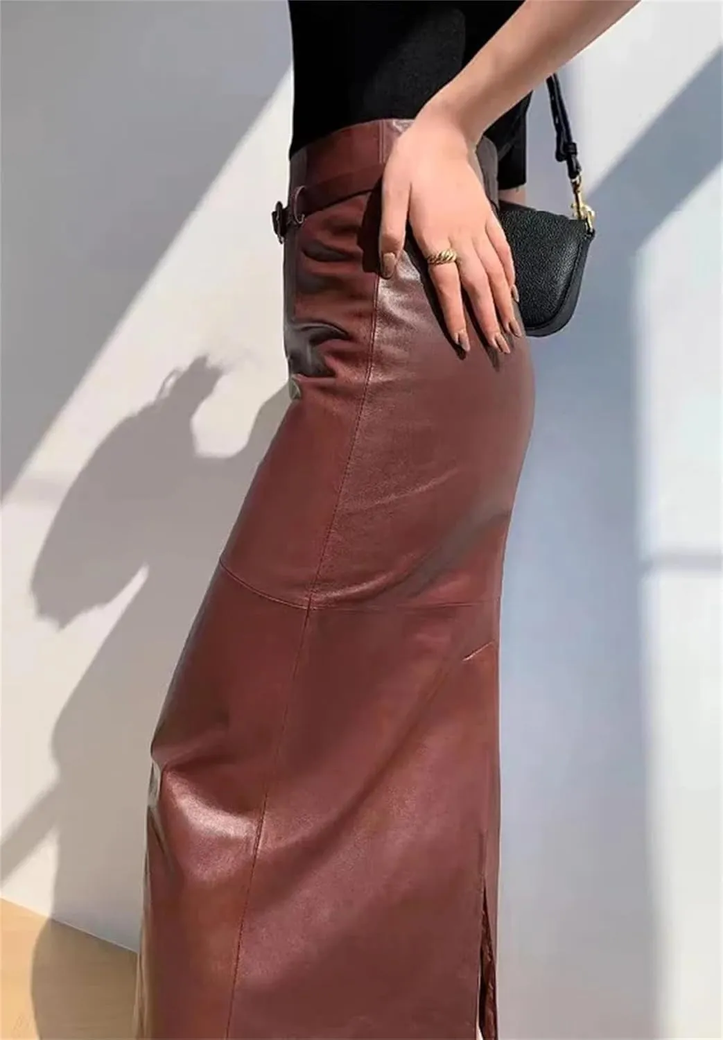 Women's Ankle Long Leather Skirt Waist Belt Genuine Leather Back Split Straight Bodycon Midi Skirt