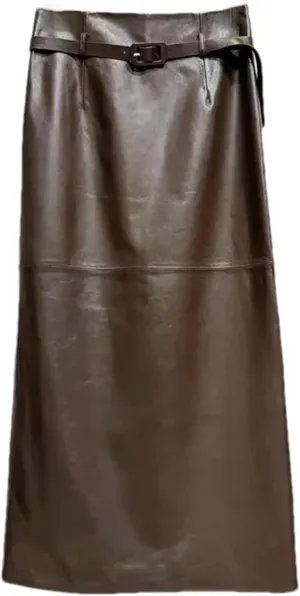 Women's Ankle Long Leather Skirt Waist Belt Genuine Leather Back Split Straight Bodycon Midi Skirt