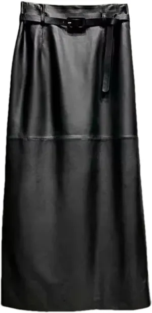 Women's Ankle Long Leather Skirt Waist Belt Genuine Leather Back Split Straight Bodycon Midi Skirt