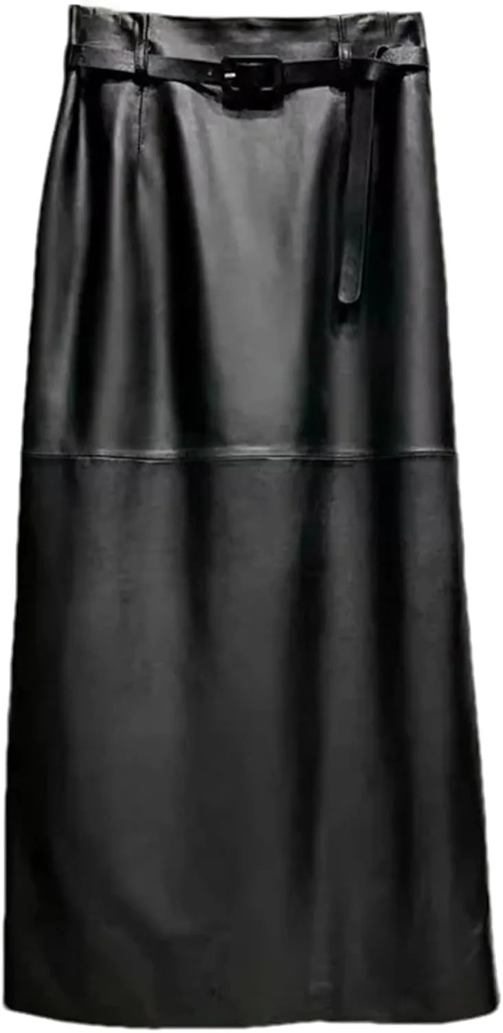 Women's Ankle Long Leather Skirt Waist Belt Genuine Leather Back Split Straight Bodycon Midi Skirt