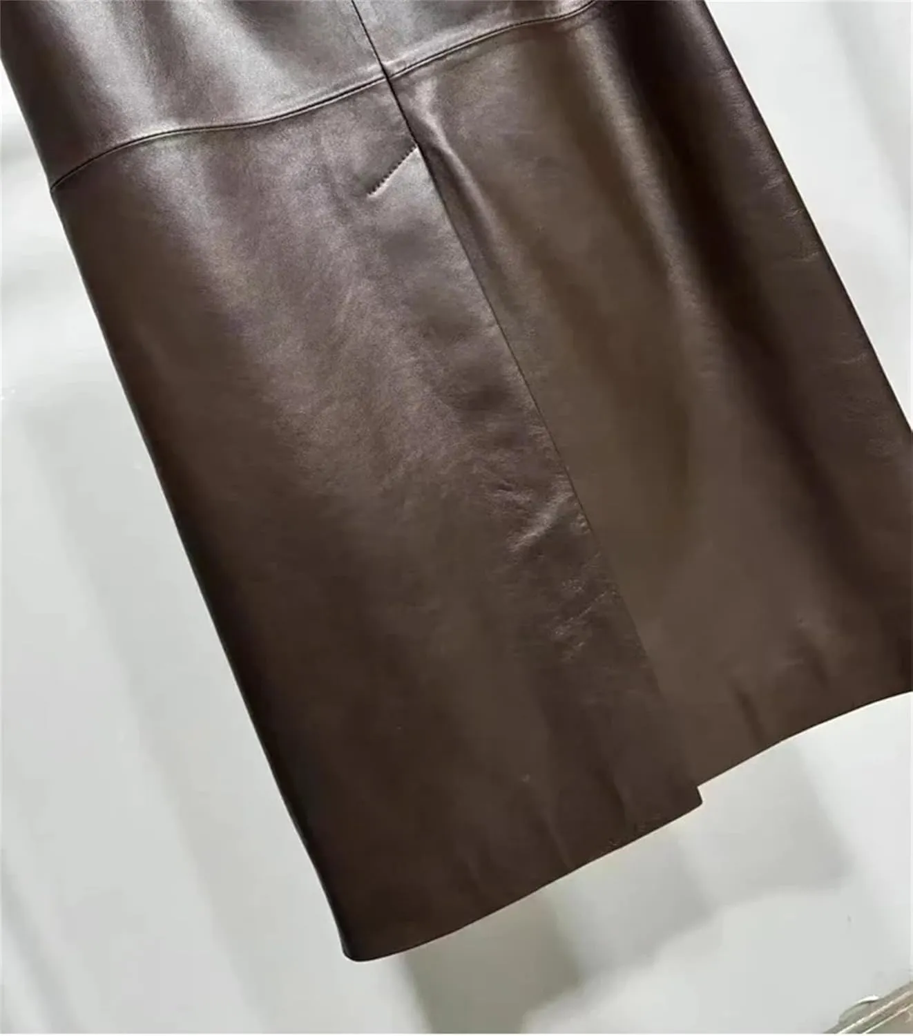 Women's Ankle Long Leather Skirt Waist Belt Genuine Leather Back Split Straight Bodycon Midi Skirt