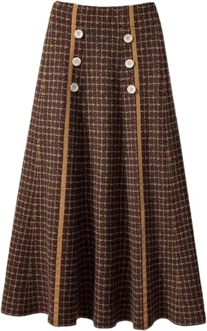 Women's Autumn and Winter Checkered Knitted Pleated High Waist A-Line Button Midi Vintage Elegant Office Skirt