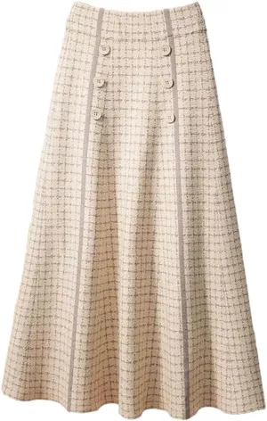 Women's Autumn and Winter Checkered Knitted Pleated High Waist A-Line Button Midi Vintage Elegant Office Skirt