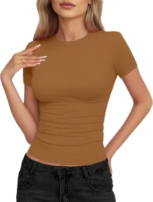 Womens Basic Short Sleeve Crew Neck T Shirt Slim Fit Tees Summer 2025 Y2k Going Out Fitted Top Cute Tight Shirts