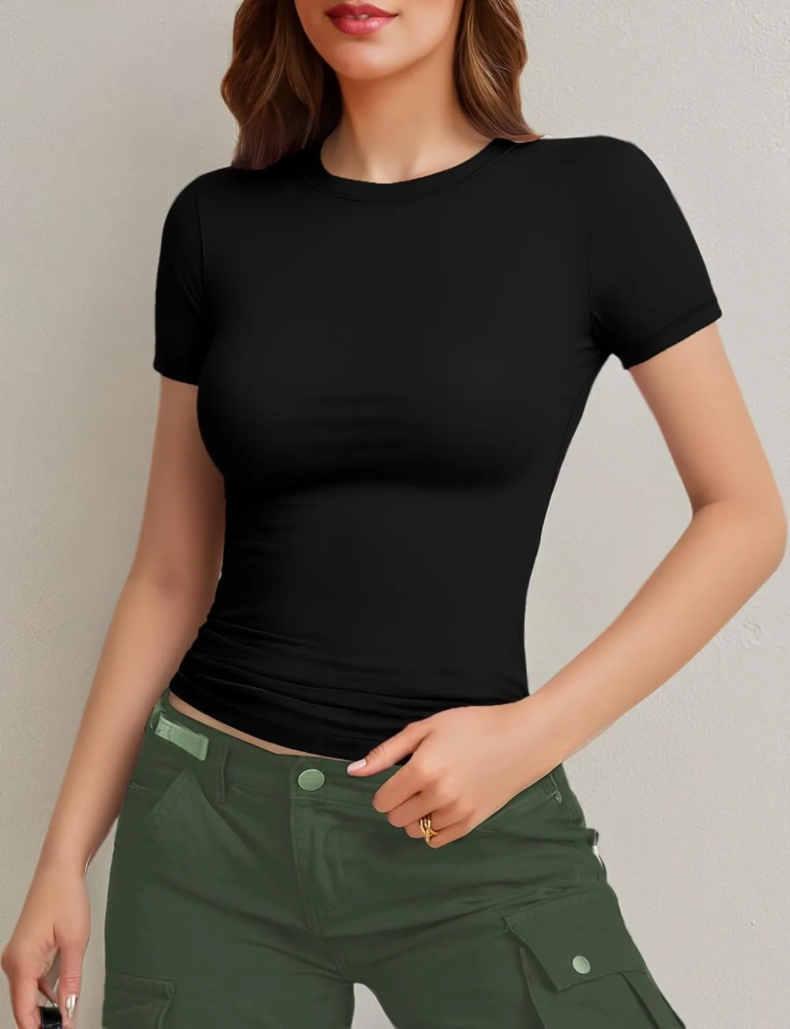 Womens Basic Short Sleeve Crew Neck T Shirt Slim Fit Tees Summer 2025 Y2k Going Out Fitted Top Cute Tight Shirts