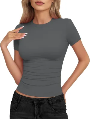 Womens Basic Short Sleeve Crew Neck T Shirt Slim Fit Tees Summer 2025 Y2k Going Out Fitted Top Cute Tight Shirts