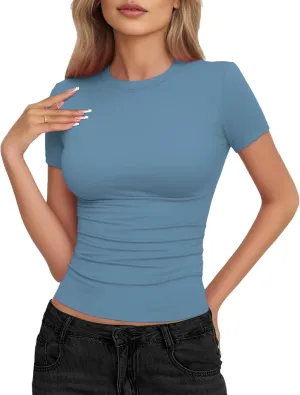 Womens Basic Short Sleeve Crew Neck T Shirt Slim Fit Tees Summer 2025 Y2k Going Out Fitted Top Cute Tight Shirts