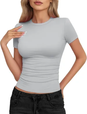 Womens Basic Short Sleeve Crew Neck T Shirt Slim Fit Tees Summer 2025 Y2k Going Out Fitted Top Cute Tight Shirts
