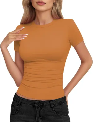 Womens Basic Short Sleeve Crew Neck T Shirt Slim Fit Tees Summer 2025 Y2k Going Out Fitted Top Cute Tight Shirts