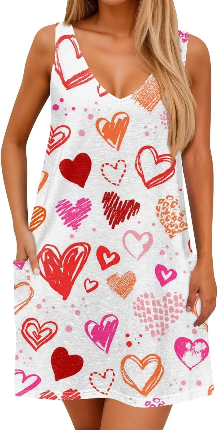 Women's Casual Sundress with Pockets Summer Boho Beach Dress Floral Blouses for Women T-Shirts Dress V Fashion