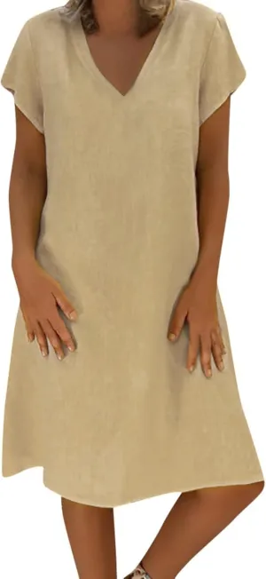 Womens Dresses Short Sleeve V Neck Cute Sun Dress T Shirts Knee Length Casual Dresses Fashion Plus Size Sundresses