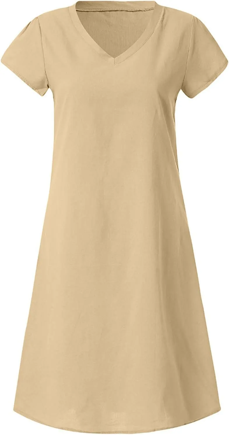 Womens Dresses Short Sleeve V Neck Cute Sun Dress T Shirts Knee Length Casual Dresses Fashion Plus Size Sundresses