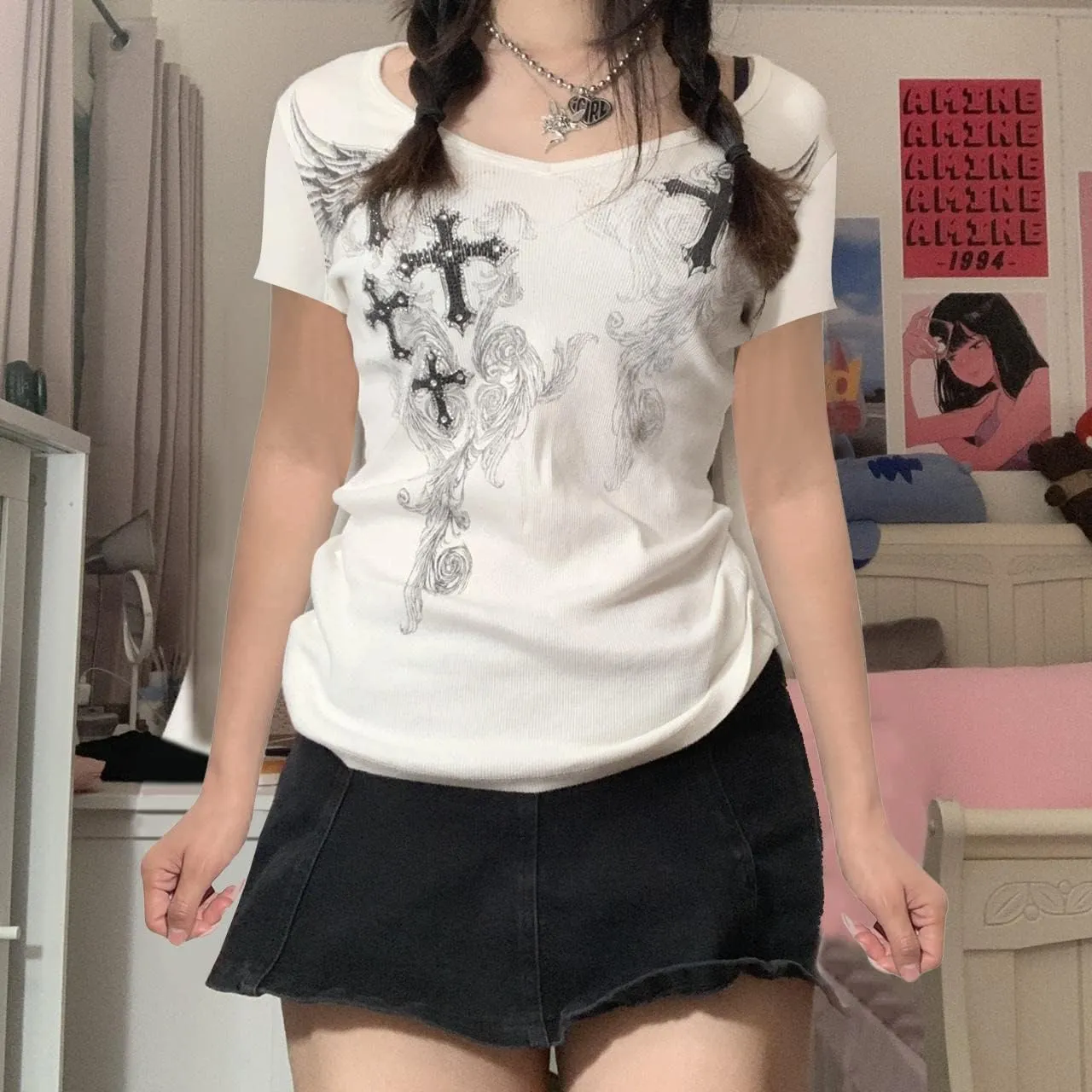 Womens E-Girls Short Sleeve Crop Top Fairy Grunge Graphic Print T-Shirts Gothic Basic Tee Y2K Aesthetic Tops Streetwear