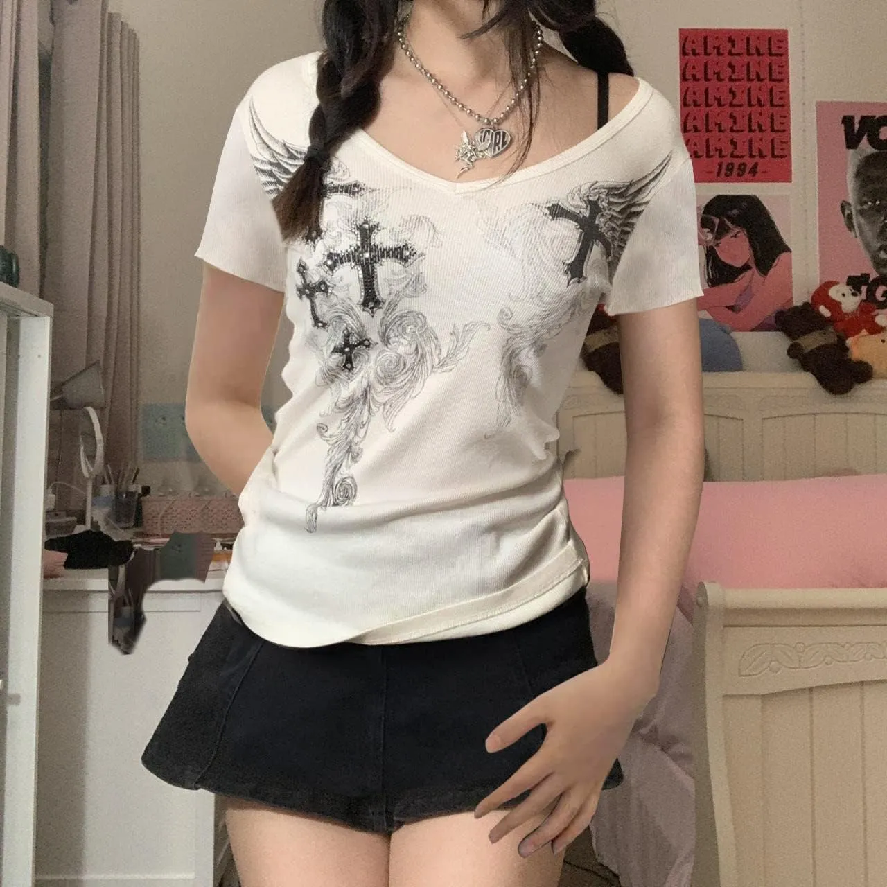 Womens E-Girls Short Sleeve Crop Top Fairy Grunge Graphic Print T-Shirts Gothic Basic Tee Y2K Aesthetic Tops Streetwear