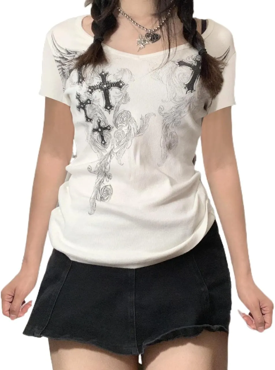 Womens E-Girls Short Sleeve Crop Top Fairy Grunge Graphic Print T-Shirts Gothic Basic Tee Y2K Aesthetic Tops Streetwear