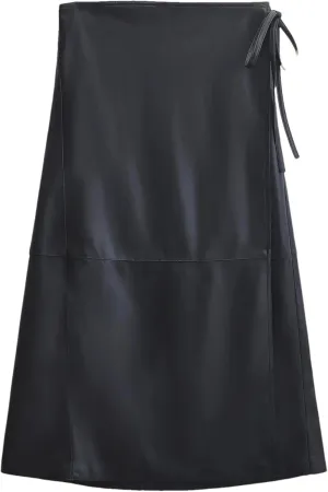 Women's Fashion Faux Leather Midi Skirt Retro High Waist Wrap Belt Tie Skirt