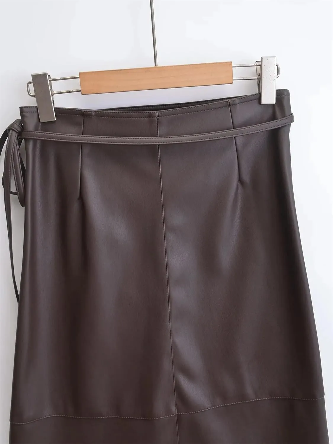 Women's Fashion Faux Leather Midi Skirt Retro High Waist Wrap Belt Tie Skirt