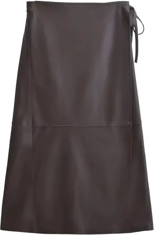 Women's Fashion Faux Leather Midi Skirt Retro High Waist Wrap Belt Tie Skirt