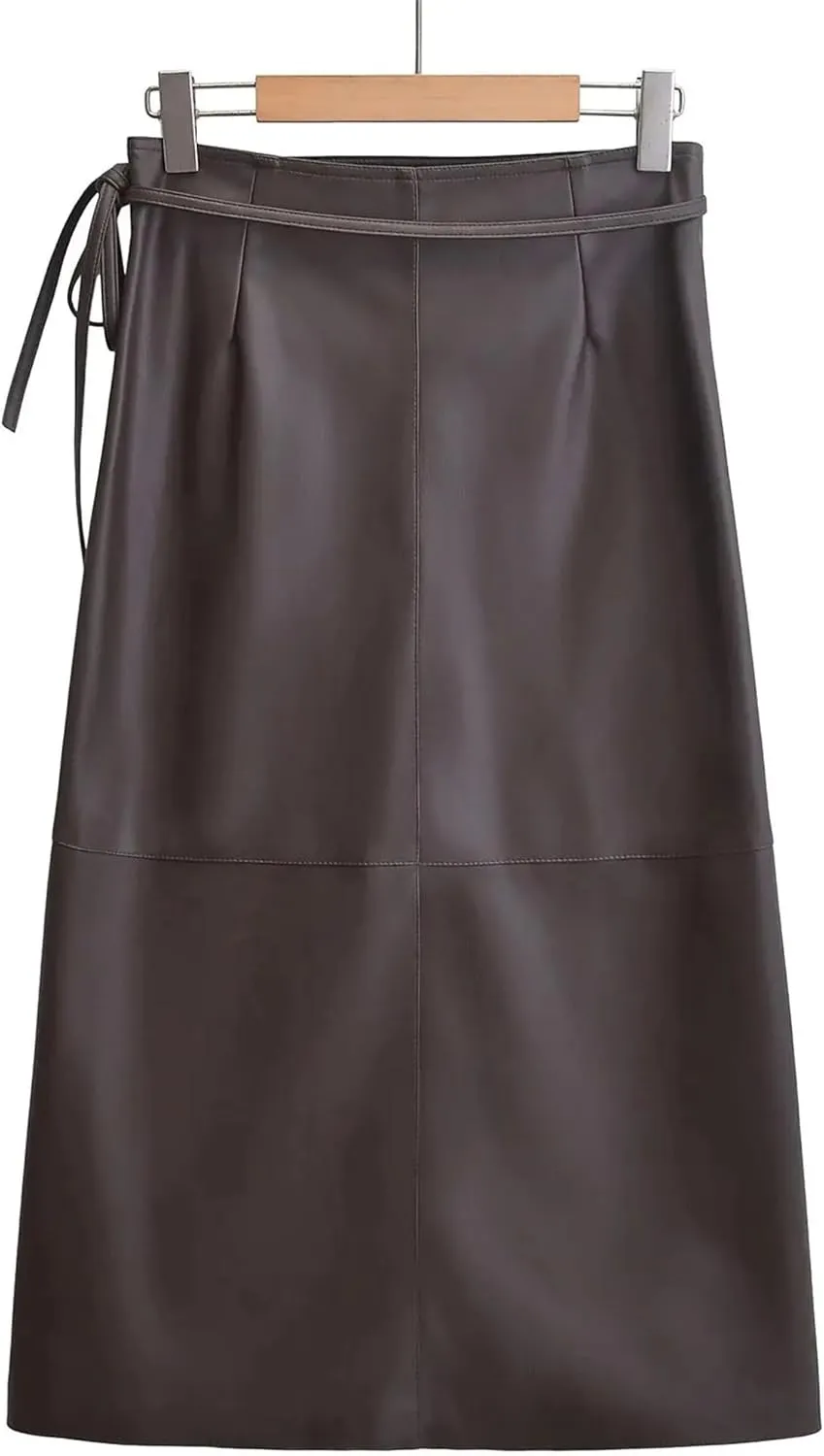 Women's Fashion Faux Leather Midi Skirt Retro High Waist Wrap Belt Tie Skirt