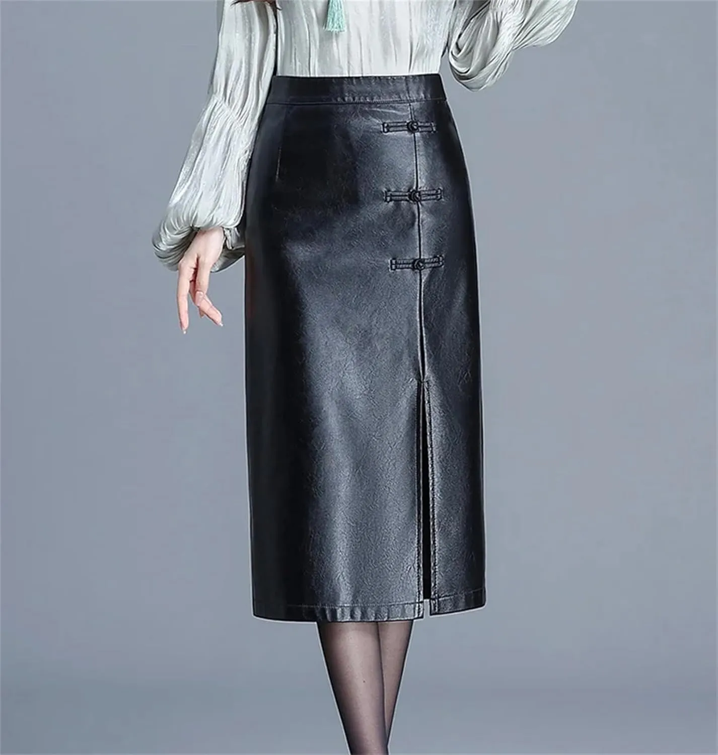 Womens Faux Leather Skirts Retro Front Slit High Waist Bodycon Midi Pencil Skirt