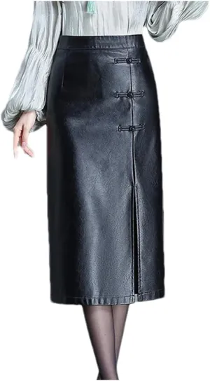 Womens Faux Leather Skirts Retro Front Slit High Waist Bodycon Midi Pencil Skirt