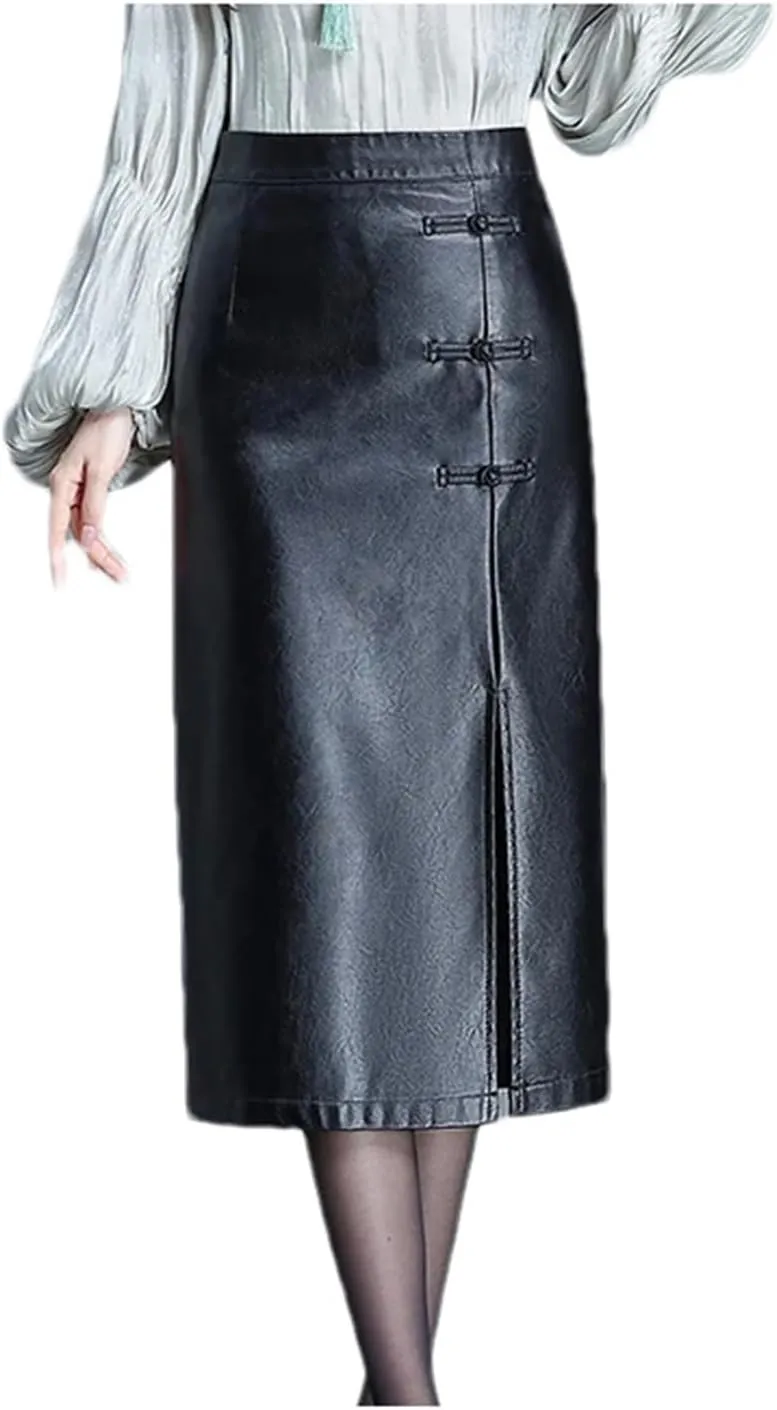 Womens Faux Leather Skirts Retro Front Slit High Waist Bodycon Midi Pencil Skirt