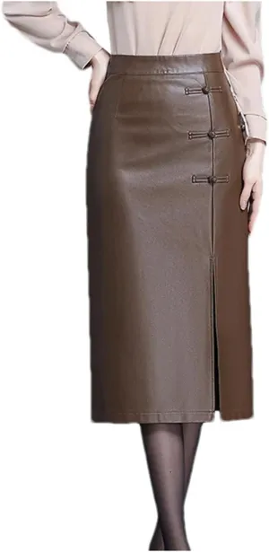 Womens Faux Leather Skirts Retro Front Slit High Waist Bodycon Midi Pencil Skirt