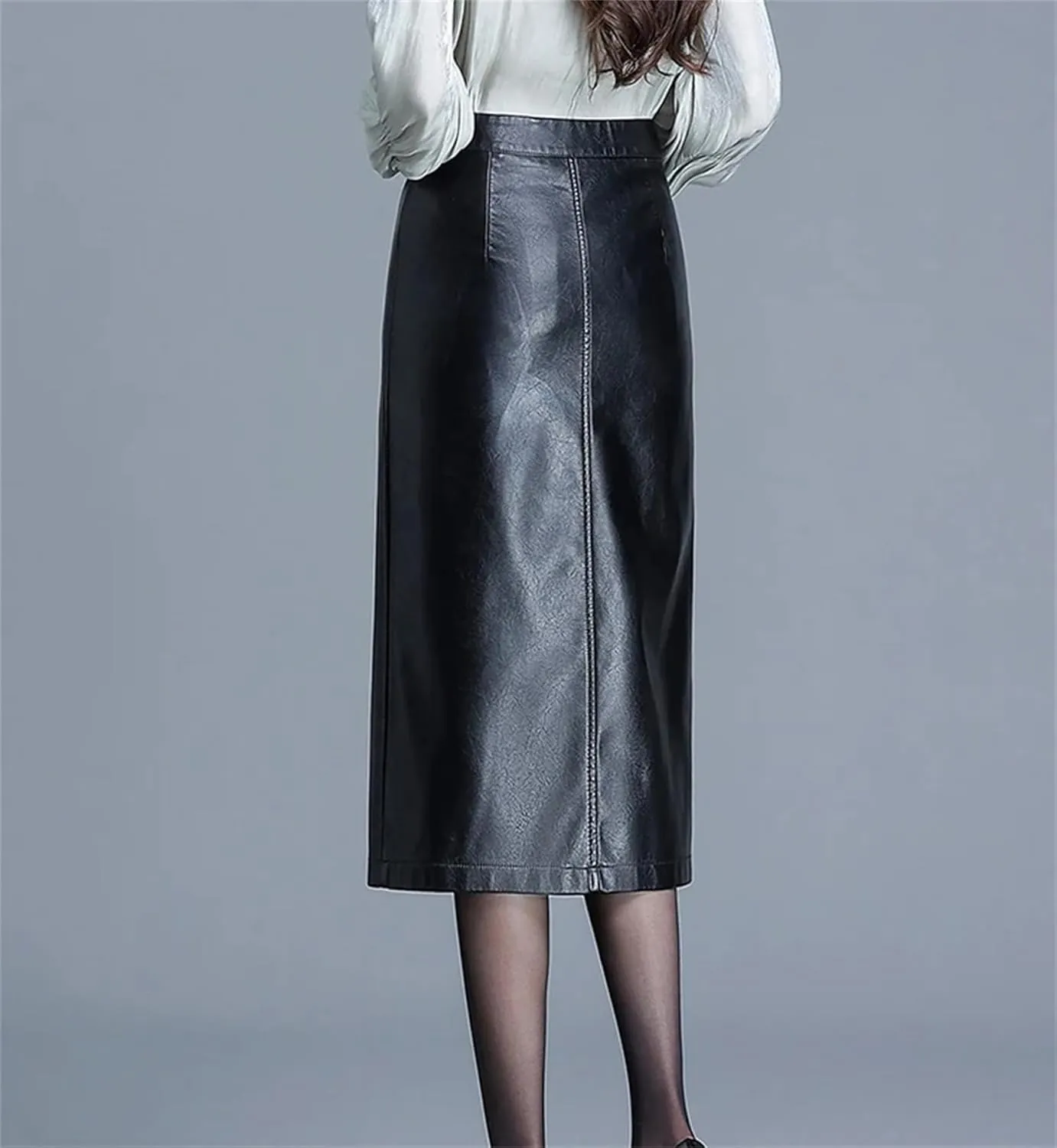 Womens Faux Leather Skirts Retro Front Slit High Waist Bodycon Midi Pencil Skirt