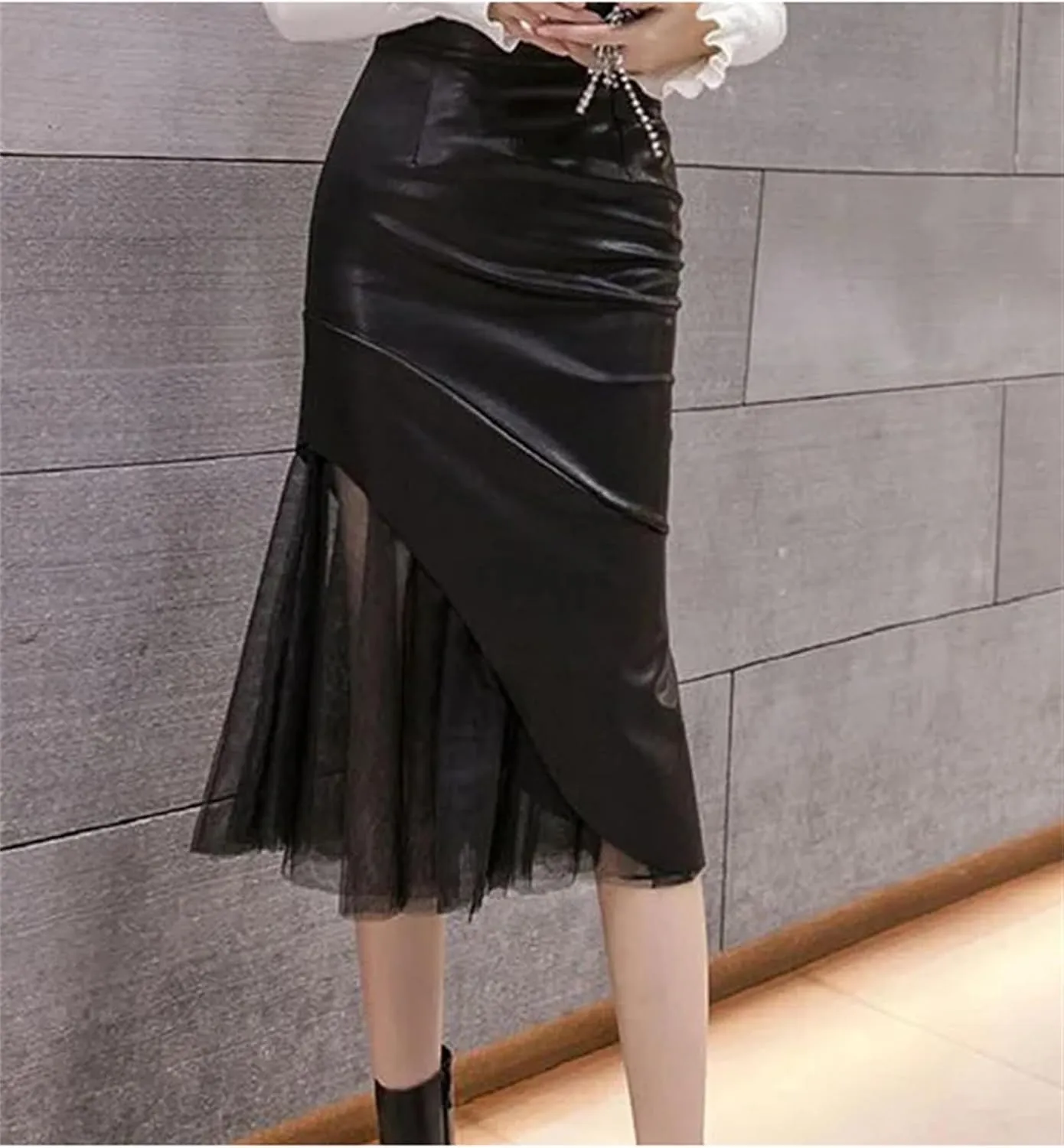Womens Gauze Patchwork Leather Mermaid Skirt Solid Zipper High Waist Bodycon Midi Hip Skirt