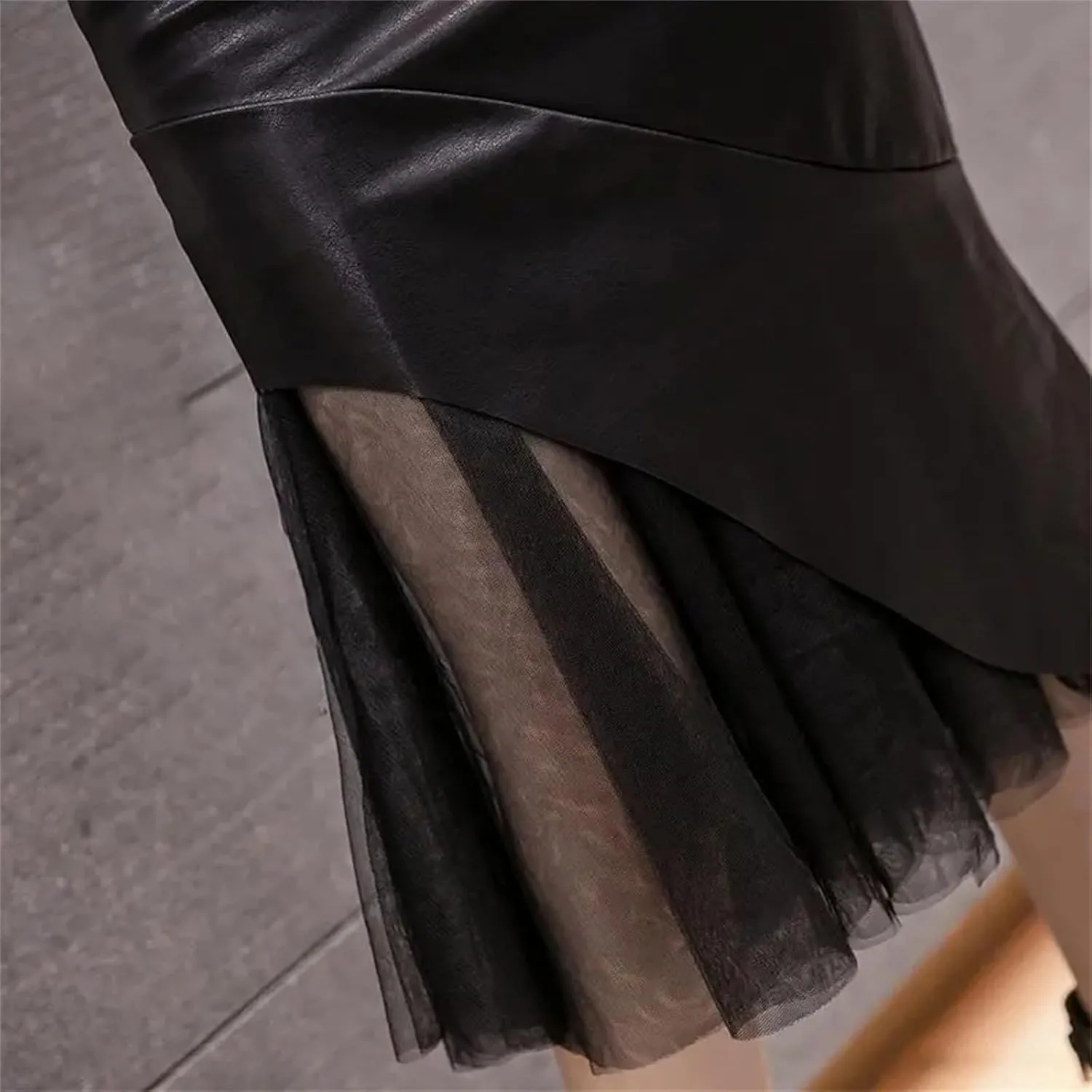 Womens Gauze Patchwork Leather Mermaid Skirt Solid Zipper High Waist Bodycon Midi Hip Skirt