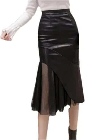 Womens Gauze Patchwork Leather Mermaid Skirt Solid Zipper High Waist Bodycon Midi Hip Skirt