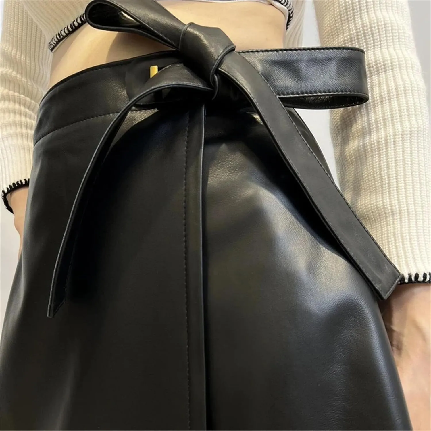 Womens Genuine Leather Midi Skirt Retro Street Bow Belt Black Knee Length Pleated A Line Midi Skirt