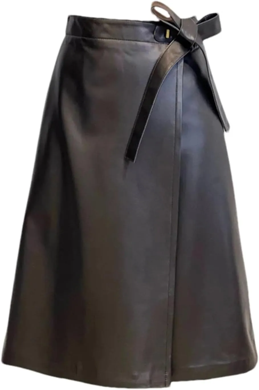 Womens Genuine Leather Midi Skirt Retro Street Bow Belt Black Knee Length Pleated A Line Midi Skirt
