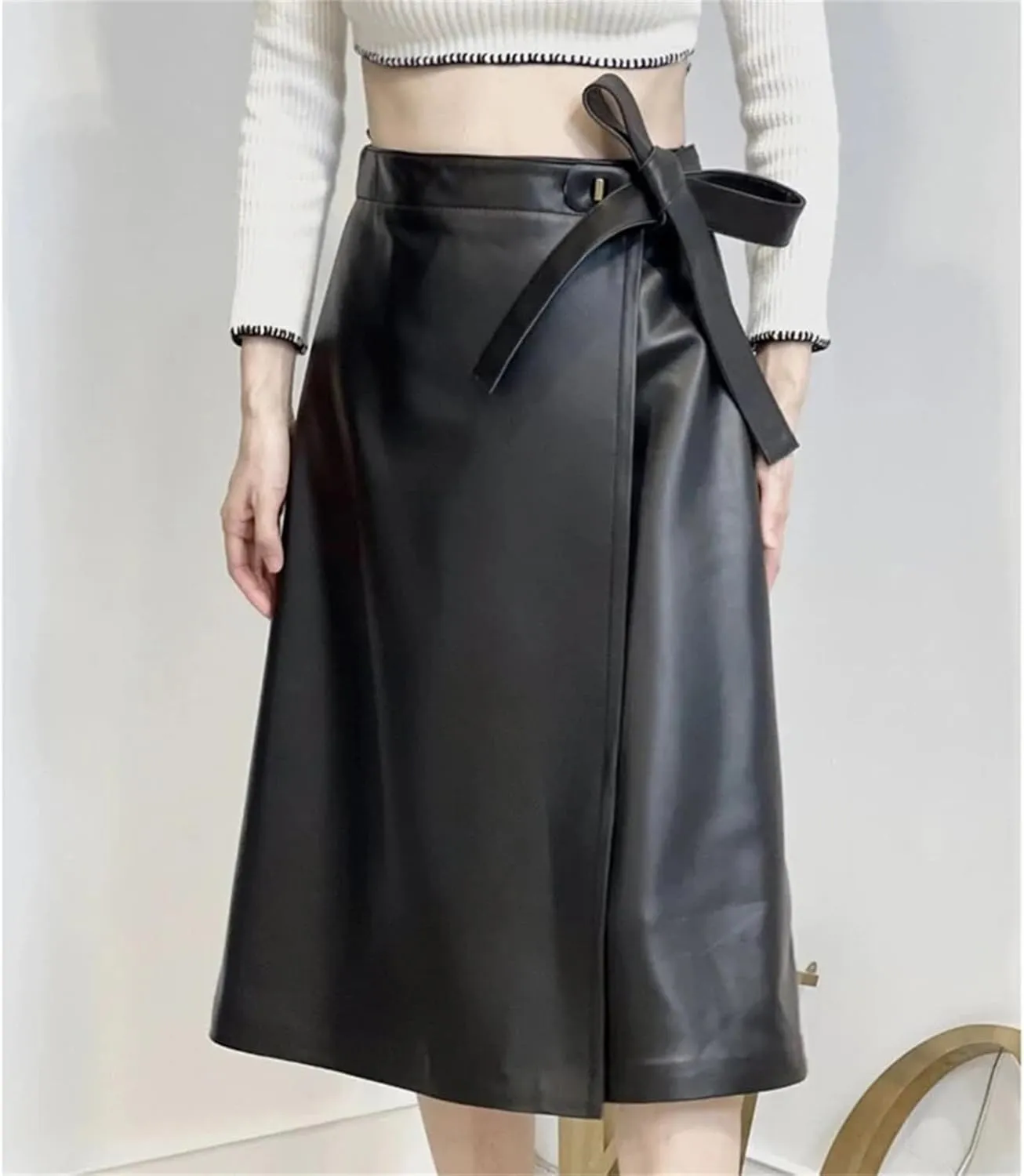 Womens Genuine Leather Midi Skirt Retro Street Bow Belt Black Knee Length Pleated A Line Midi Skirt