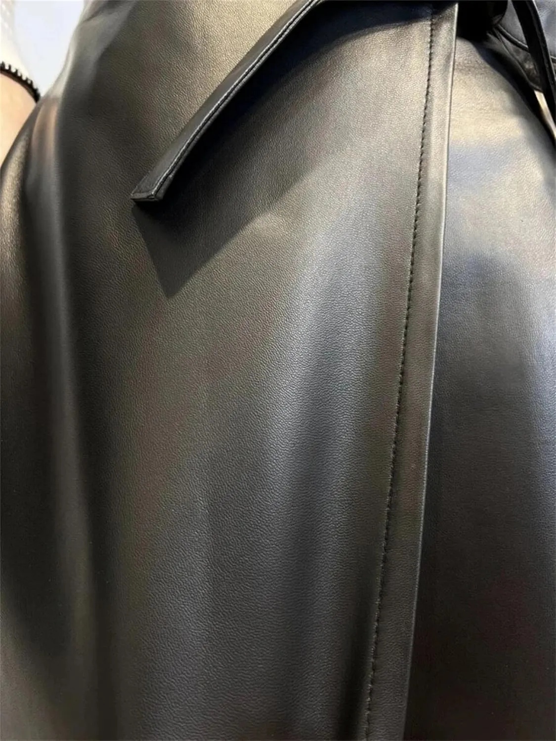 Womens Genuine Leather Midi Skirt Retro Street Bow Belt Black Knee Length Pleated A Line Midi Skirt