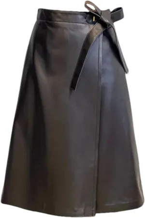 Womens Genuine Leather Midi Skirt Retro Street Bow Belt Black Knee Length Pleated A Line Midi Skirt