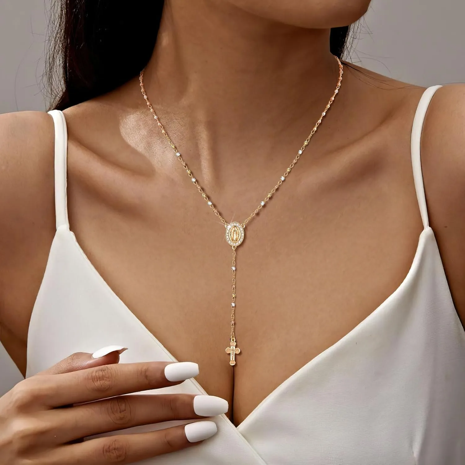 Women's Gold Virgin Mary Necklace - 14k Gold Plated Rosary Bead Cross Necklaces,Hypoallergenic Non Tarnish Gold Catholic Y Chain Necklace,Religious Rosary Beads Crucifix Necklaces Jewelry Gift for Her