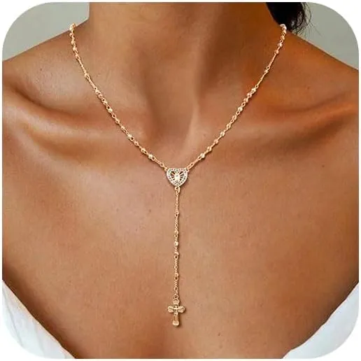 Women's Gold Virgin Mary Necklace - 14k Gold Plated Rosary Bead Cross Necklaces,Hypoallergenic Non Tarnish Gold Catholic Y Chain Necklace,Religious Rosary Beads Crucifix Necklaces Jewelry Gift for Her