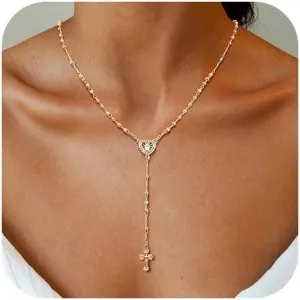 Women's Gold Virgin Mary Necklace - 14k Gold Plated Rosary Bead Cross Necklaces,Hypoallergenic Non Tarnish Gold Catholic Y Chain Necklace,Religious Rosary Beads Crucifix Necklaces Jewelry Gift for Her